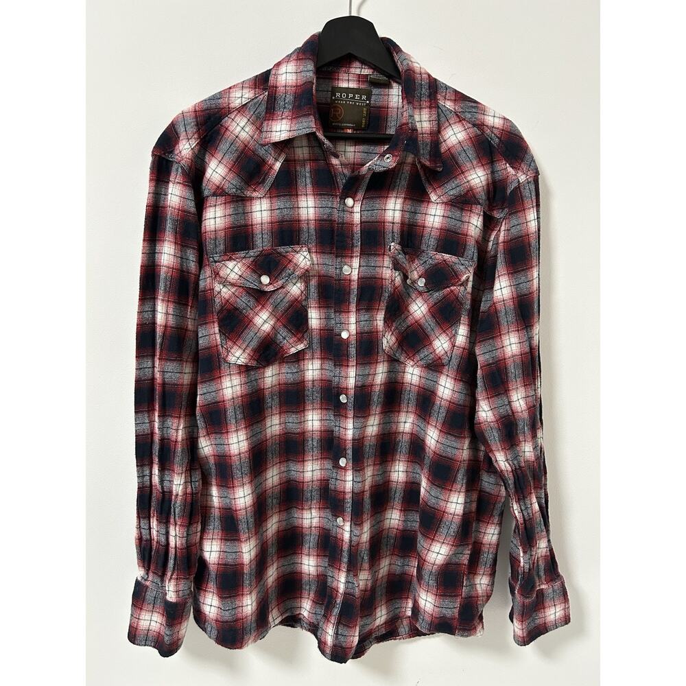 Roper Western Pearl Snap Button Shirt Mens Size‎ M Long Sleeve Plaid Cotton Red